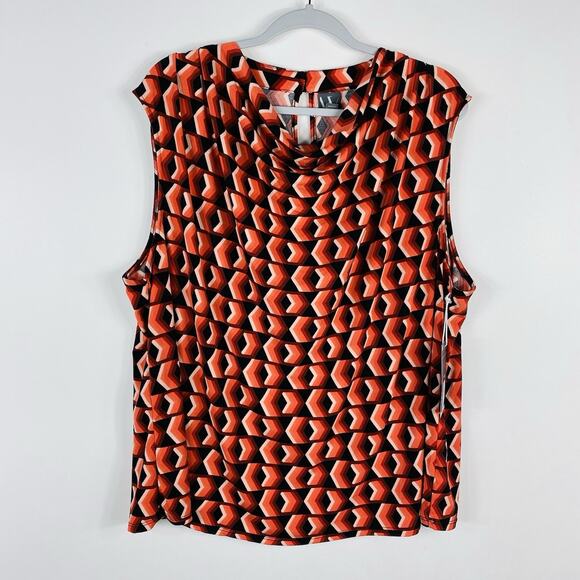 Worthington Plus Size 2X Geo Print Cowl Neck Sleeveless Blouse Top Orange - Picture 1 of 4
